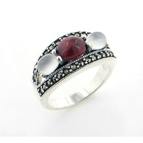 Deco Style Sterling Silver Garnet, Moonstone, and Marcasite Band Ring (Size... by Silver Insanity
