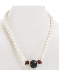 Single Strand Natural Ruby, Emerald & Pearl Beaded Designer Handmade Necklace