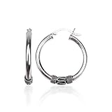 Sterling Silver Bali Inspired Roped-Accent 28mm Hoop Earrings