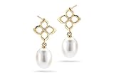 14 Karat Yellow Gold Polished Finish Fresh Water Pearl Earrings, Enhanced With Bezel Diamonds. ( 0.05 c.t.t.w, GH, SI )