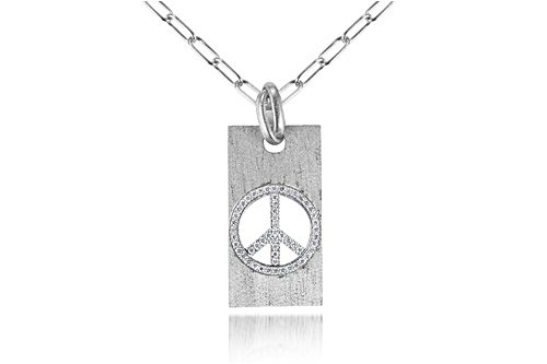 14K White Gold Matte-Finish Florentine Finish Hand-Crafted Peace Pendant, Enhanced with Pave Set Diamonds, Sliding on a 17 Open Link Necklace.