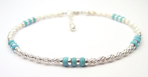 TURQUOISE Sterling Silver Gemstone Ankle Bracelets: Handmade Jewelry with Adjustable 1 Inch Extension