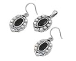 Sterling Silver Marcasite Fashion Pendant and Earrings Set - Oval Cut Black Onyx Center with Four Round Mother of Pearls on Each Side
