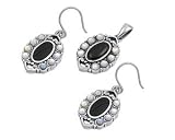 Sterling Silver Marcasite Fashion Pendant and Earrings Set - Oval Cut Black Onyx Center with Four Round Mother of Pearls on Each Side