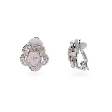 Pink and CZ Flower Clip-On Earrings
