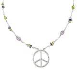Sterling Silver Peace Sign Pendant on Link Chain with Amethyst, Blue Quartz and Peridot Chips, 18