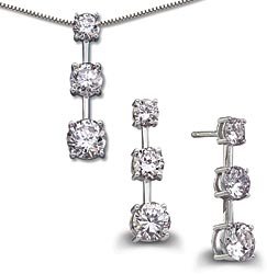 3 Stone Cubic Zirconia Pendant and Earring Set   14K White Gold