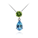 14k White Gold Swiss Blue Topaz and Peridot Drop Pendant, 17"