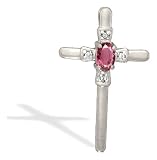 14K White Gold Genuine Oval Pink Tourmaline and Diamond Cross Pendant