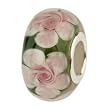 Pink Flowers on Green Murano Style Glass Sterling Core Bead for Charm Bracelet