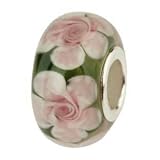 Pink Flowers on Green Murano Style Glass Sterling Core Bead for Charm Bracelet