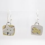 Square Cat and Fish Earrings in Sterling Silver and Brass, #8918