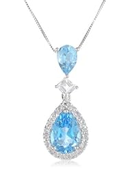 10k White Gold Pear Shape Swiss Blue Topaz and White Topaz Pendant Necklace, 18"