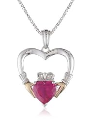 XPY Sterling Silver and 14k Yellow Gold Created Ruby Claddagh Pendant Necklace, 18"