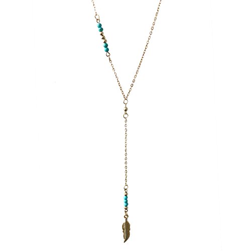SUNNOW Women's Bohemian Retro Beaded Turquoise Feather Tassel Alloy Short Chain Pendant Necklace