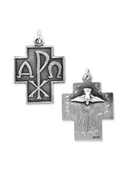 Sterling Silver Silver Antiqued Alpha Omega Cross Pendant with 18 Inch Stainless Steel Chain