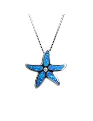 CZ Accented Sterling Silver Starfish Necklace Pendant with Blue Opal and Box Chain