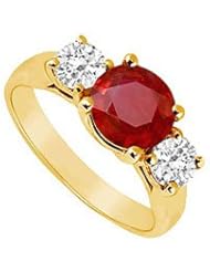 Three Stone Ruby and Diamond Ring 14K Yellow Gold - 1.75 CT TGW