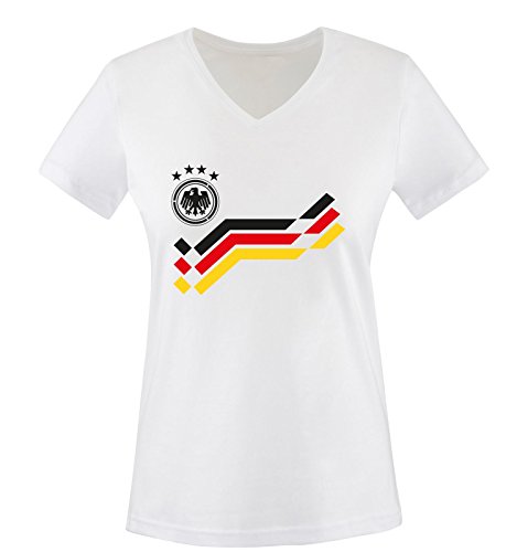 EM 2016 – DEUTSCHLAND – Retro – TRIKOT – Damen V-Neck T-Shirt – Weiss / Schwarz Gr. XL