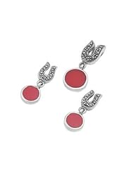 Sterling Silver Carnelian CZ Round Horseshoe Bail Vintage Style Marcasite Earring Pendant Set