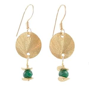 Brushed Satine Gold Vermeil Disc Dangle Earrings with Emerald Gemstone Beads on Gold Filled French Wires, #8154
