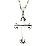 Sterling Silver 1" Gothic Black Onyx Cross Necklace with Budded Ends on 18" Chain
