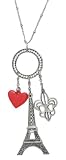 I Love Paris Eiffel Tower, Fleur De Lis & Red Heart Charms LONG 27" Necklace by Lavishy