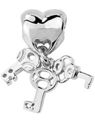 Best Gift, Sterling Silver Keys to Heart Lock Dangle Charm , Fits Pandora and All Barnds Charm Bracelets and Necklaces.