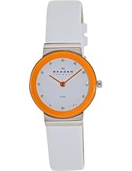 Skagen Brights - White Leather &Amp; Orange Dial Womens Watch Skw2015