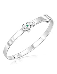Childrens Jewelry - 0.01 Cts Diamond & 0.03 Cts Natural Emerald May Birthstone Double Heart Adjustable Bangle Bracelet in Silver