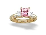 14K Yellow Gold Square Created Pink Sapphire and Diamond Engagement Ring