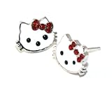 Gorgeous Enameled Kitty Red Crystal Bow Stud Earrings White Gold Overlay 1 2 Diameter
