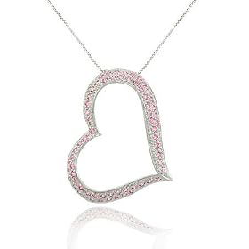 Pink cz Sterling Silver Large Floating Heart Pendant Valentine's Day Love