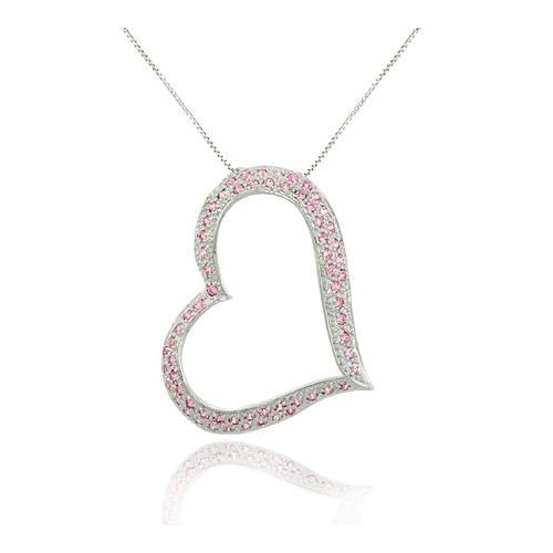 Pink cz Sterling Silver Large Floating Heart Pendant Valentine's Day Love