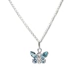 Butterfly Necklace Accented with Swarovski Crystal Aquamarine Blue Rhinestones in Sterling Silver