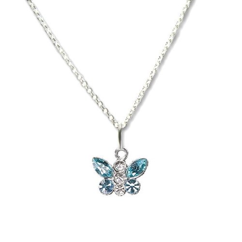 Butterfly Necklace Accented with Swarovski Crystal Aquamarine Blue Rhinestones in Sterling Silver