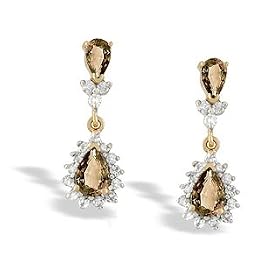 14K Yellow Gold Genuine Pear Smoky Quartz and Diamond Dangle Drop Earrings by Jewels For Me