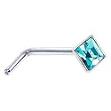925 Sterling Silver Diamond Aqua Gem L-Shaped Nose Ring