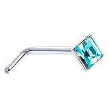 925 Sterling Silver Diamond Aqua Gem L-Shaped Nose Ring