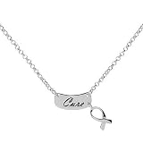 Sterling Silver Cure Nameplate Breast Cancer Awareness Ribbon Drop Chain Necklace 16-18in