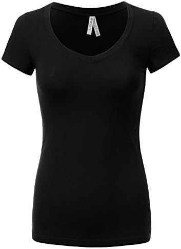 DRESSIS Women's Basic Deep Plunging V neck Cap Sleeve Slim T-Shirt BLACK L