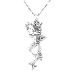 Three Dimensional Whimsical Prince Charming Frog with Crown Pendant in Sterling Silver on 20" Rhodium and Sterling Box Chain, #8084