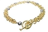 14K Yellow and White Gold Double Stranded Link Bracelet with Toggle Clasp, Set with Bezel Diamonds