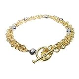 14K Yellow and White Gold Double Stranded Link Bracelet with Toggle Clasp, Set with Bezel Diamonds