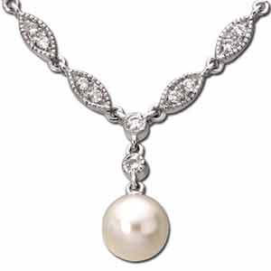 Cultured White Pearl, Round Brilliant Cut Diamonds, 14K White Gold. Cultured White Pearl & Diamond Necklace