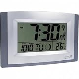 Acctim Stratus radio controlled wall clock with large LCD display showing time, calendar, indoor temperature and moonphase, EACH