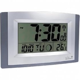 Acctim Stratus radio controlled wall clock with large LCD display showing time, calendar, indoor temperature and moonphase, EACH