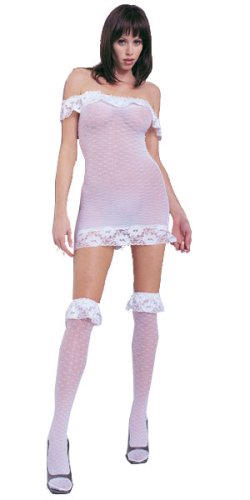 2Pc Off The Shoulder Ruffle Trim Dress With Matching Stockings
