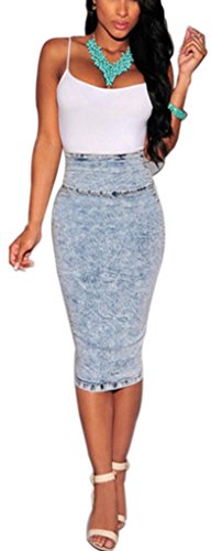 Fashionmore Women's High Waist Back Split Slit Knee Length Pencil Denim Skirt