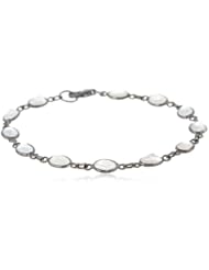 Faceted Moonstone Gun Metal Gray Sterling Silver Metal Clasp Linked Bezel Bead Bracelet, 7.5"